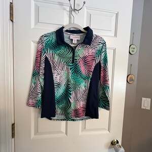 Tommy Bahama Golf Women's Tropical Palm Print 1/4 Zip 3/4 Sleeve UPF 50 Top